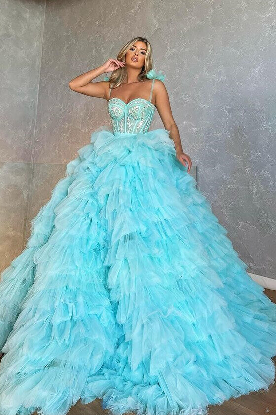 Spaghetti-Strap Sweetheart Tulle Ball Gown Prom Dress with Appliques