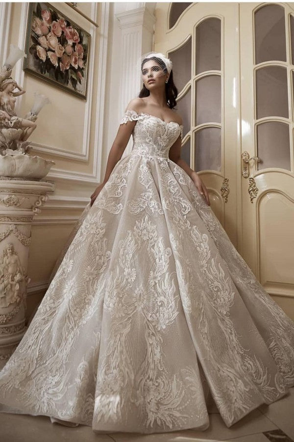 Off-the-Shoulder Floor-Length Church A-Line Wedding Dress with Lace Appliques