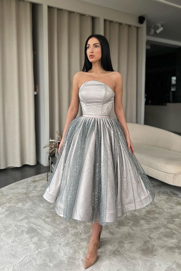 Silver Strapless Short A-Line Prom Dress with Sequins