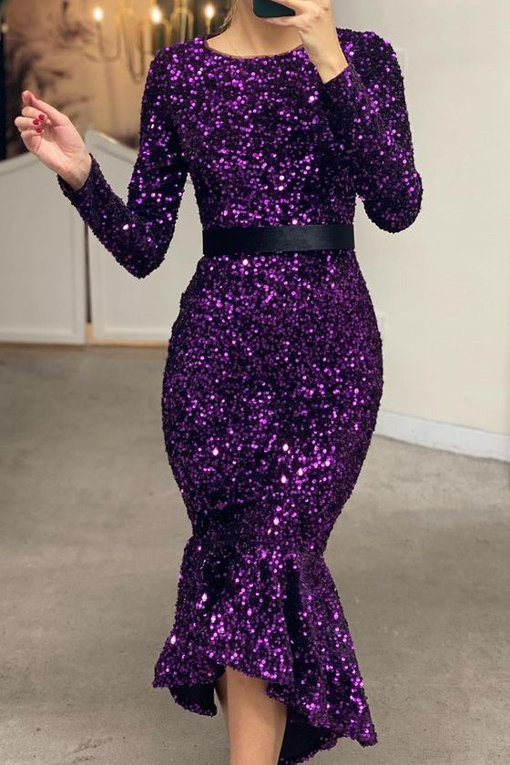 
                      
                        Long Sleeve Sequined Mermaid Prom Dress with Belt
                      
                    