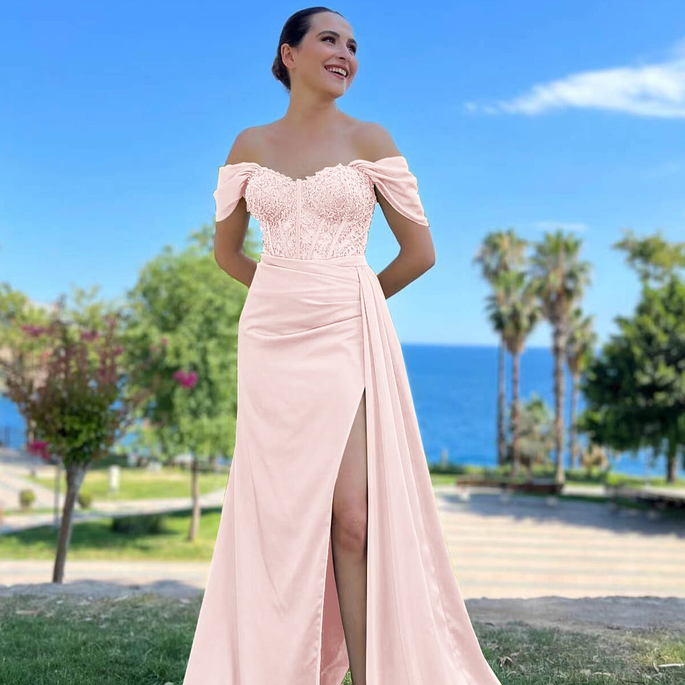 
                      
                        Off-the-Shoulder Sweetheart Beaded Mermaid Prom Dress with Front Split
                      
                    