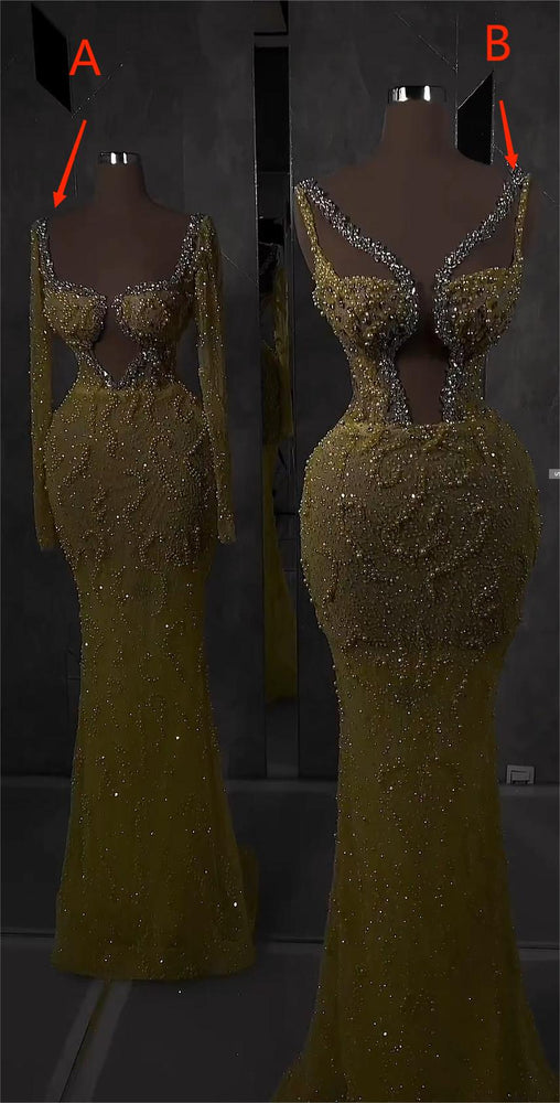 Gold Sequins Mermaid Prom Dress Cut Out V-Neck Long Beading Dress