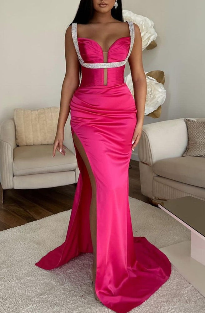 Fuchsia Spaghetti-Strap V-Neck Sleeveless Mermaid Prom Dress with High Slit