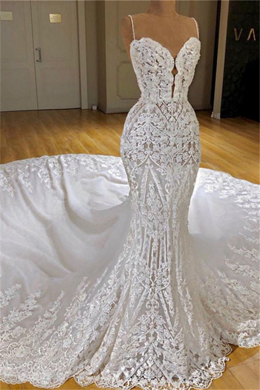 Spaghetti Strap Mermaid Wedding Dress with Lace Appliques