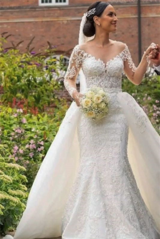 Long Sleeve V-Neck Lace Applique Mermaid Wedding Dress with Detachable Skirt