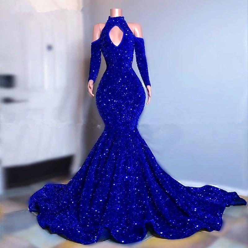 
                      
                        Royal Blue Long Sleeves Mermaid Prom Dress High Collar with Sequins
                      
                    