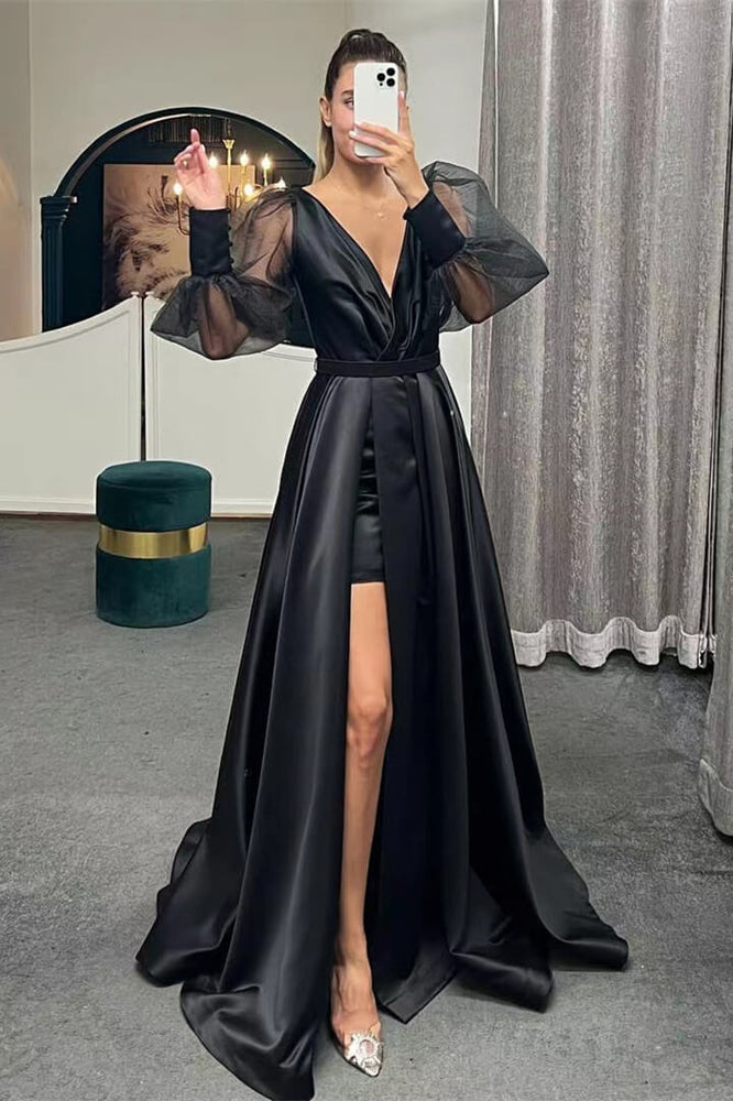 
                      
                        Long Puff Sleeve A-Line Evening Dress with Slit
                      
                    