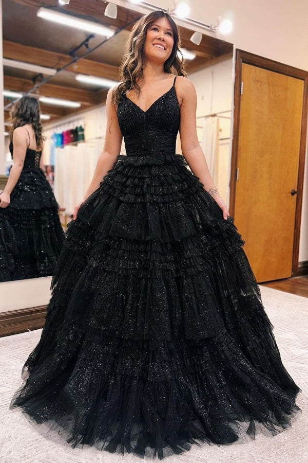 Long Black Tulle Sparkly V-Neck Sleeveless Prom Dress Gown