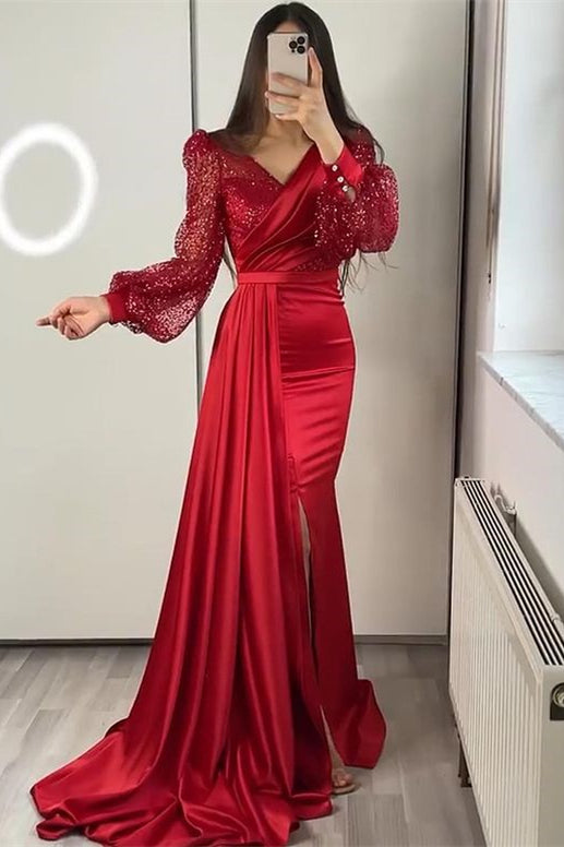 
                      
                        Sequins V-Neck Long Sleeves Mermaid Evening Dress with Split and Ruffle
                      
                    