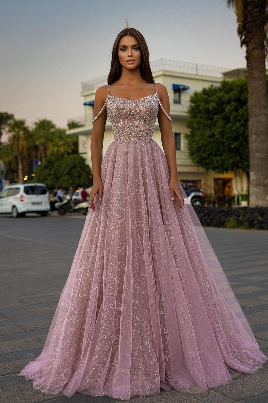 Spaghetti-Straps Tulle A-Line Long Prom Dress with Sequins, Beads