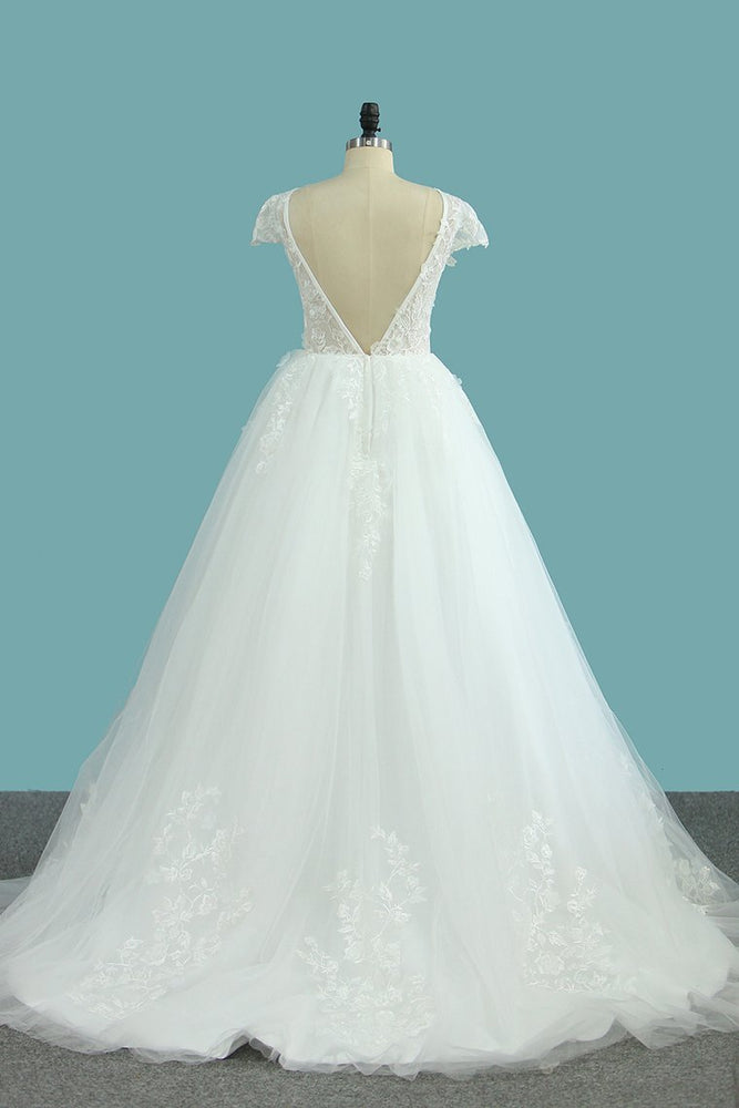 
                      
                        Bateau A-Line Backless Floor-Length Wedding Dress with Lace Appliques and Tulle
                      
                    