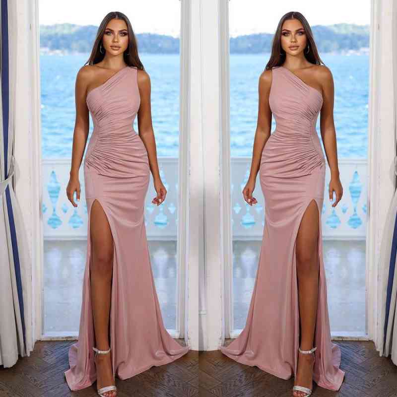 
                      
                        Charming Pink One-Shoulder Pleated Prom Dress with Split
                      
                    