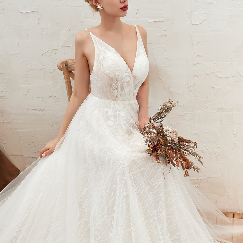 
                      
                        Classy A-Line Deep V-Neck Floor-Length Open Back Wedding Dress with Lace and Tulle
                      
                    