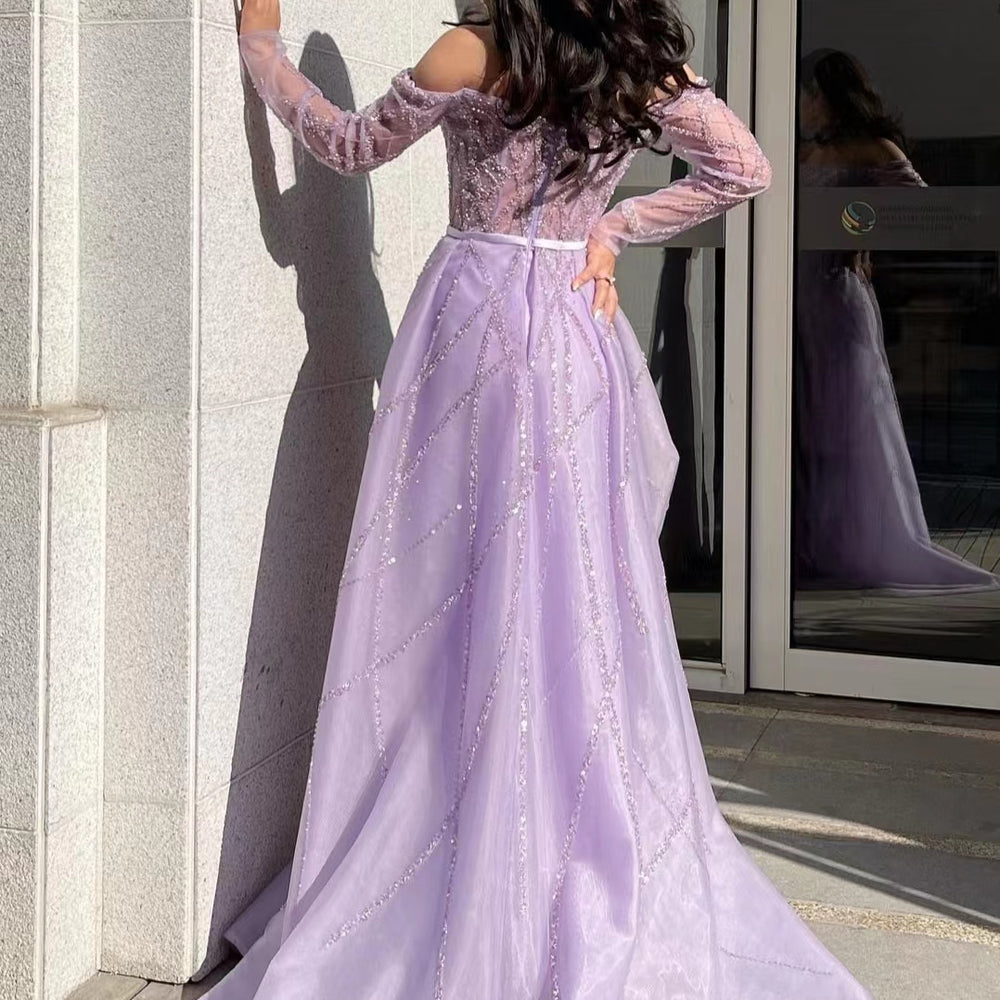 
                      
                        Lilac Off-the-Shoulder Long Sleeve Tulle Mermaid Prom Dress with Beads
                      
                    