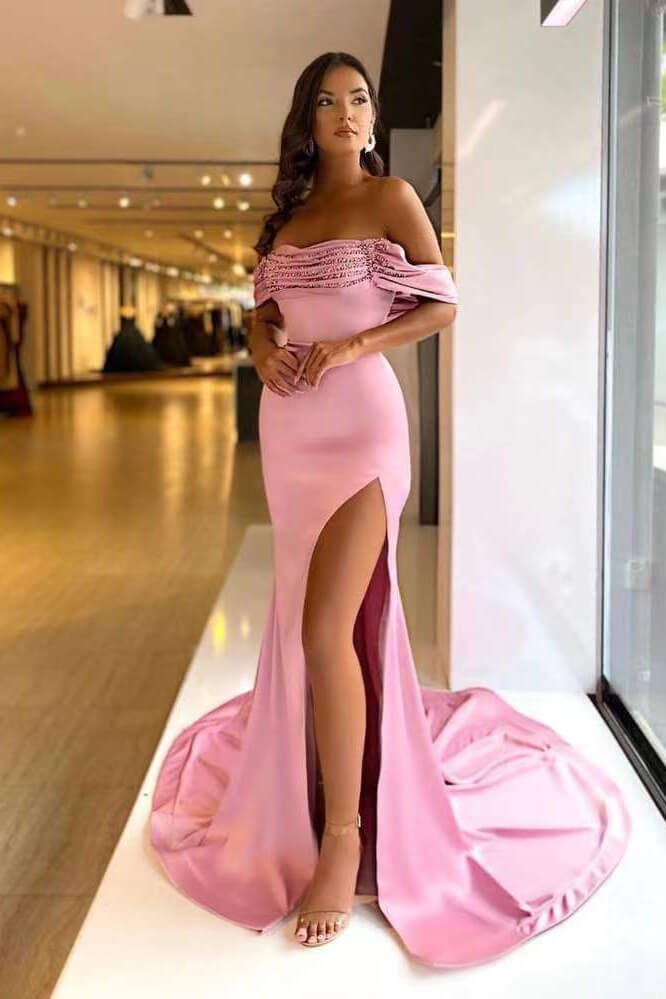 Pink Purple Off-the-Shoulder Beaded Mermaid Prom Dress with Split