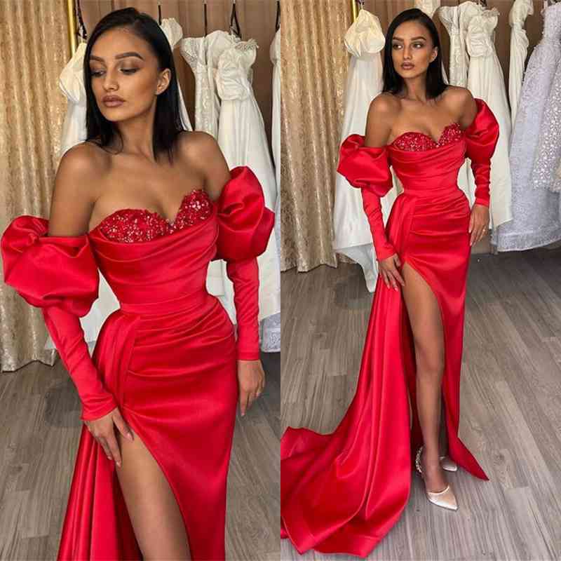 
                      
                        Gorgeous Red Off-the-Shoulder Half-Sleeve Sequined Evening Dress with Bubble Sleeves and Slit
                      
                    