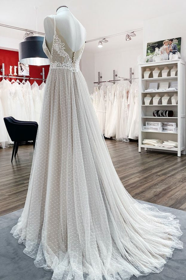 
                      
                        Luxury V-Neck Long A-Line Wedding Dress with Open Back, Tulle, and Lace
                      
                    