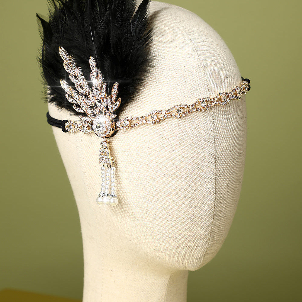 
                      
                        Black Beaded Feather and Pearl Flapper Headband
                      
                    