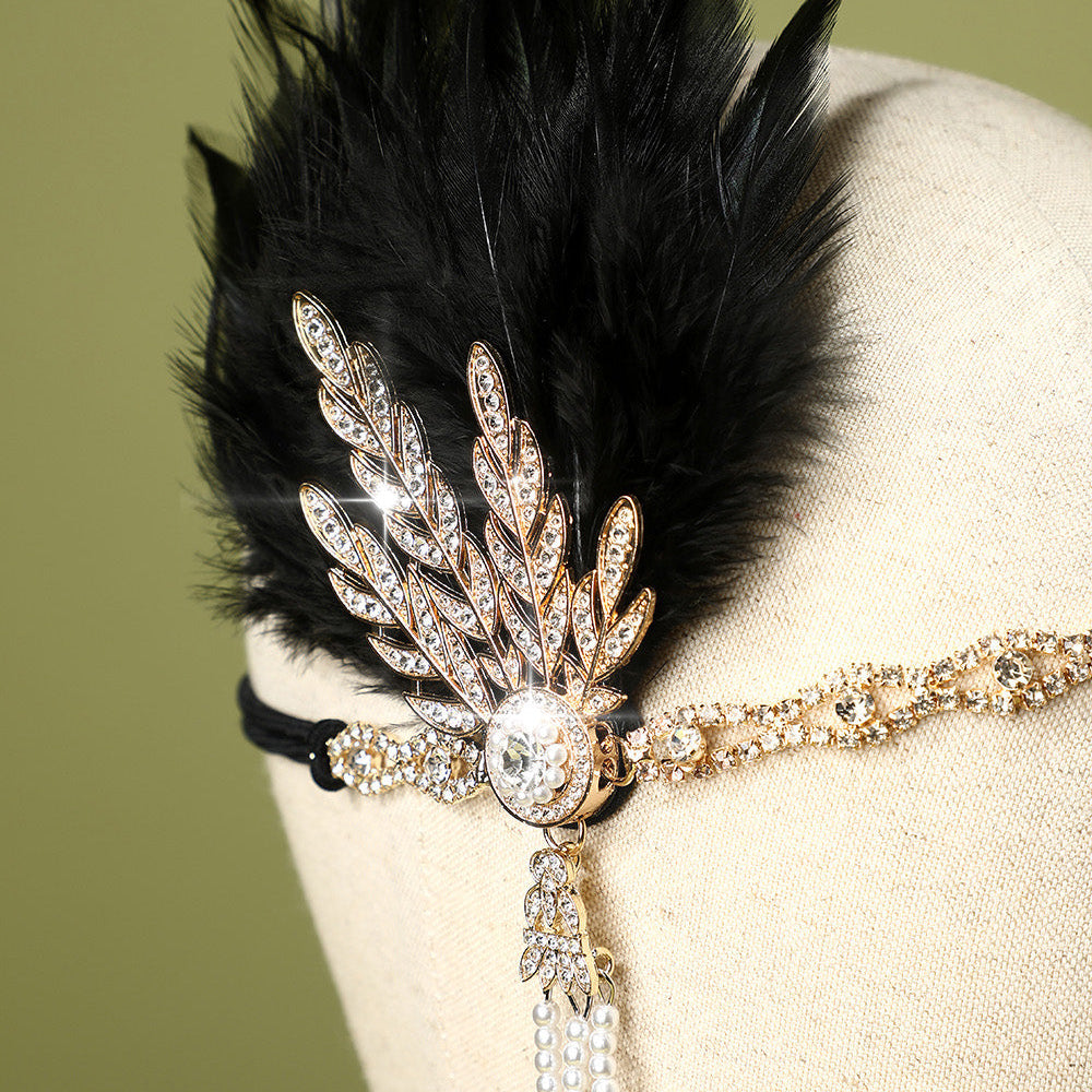 
                      
                        Black Beaded Feather and Pearl Flapper Headband
                      
                    