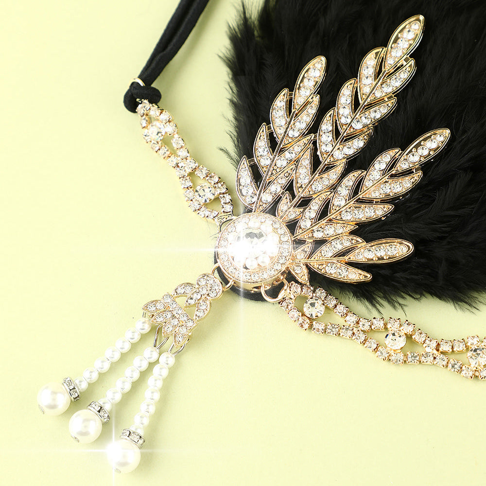 
                      
                        Black Beaded Feather and Pearl Flapper Headband
                      
                    