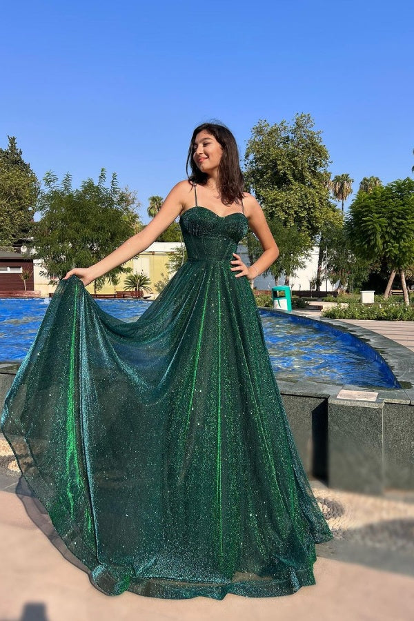 Fashion Green Spaghetti-Strap Shimmering A-Line Prom Dress