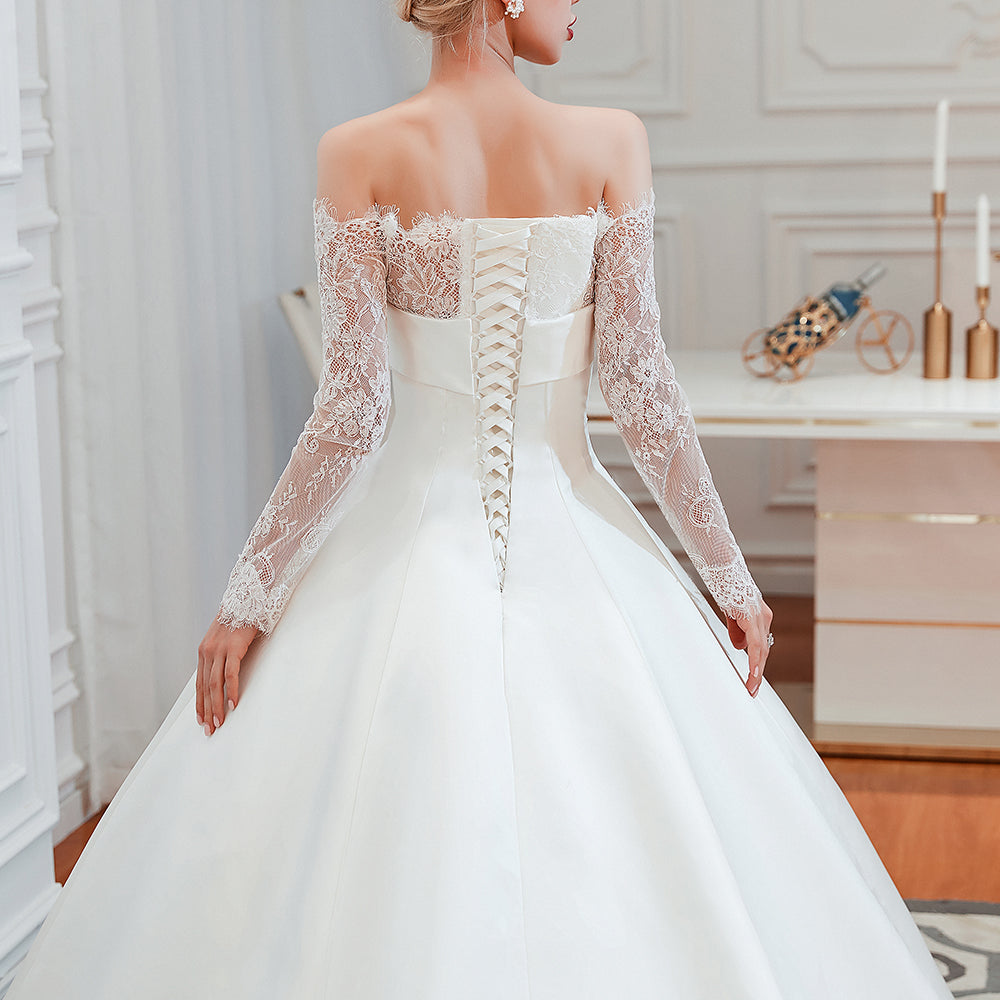 
                      
                        Stunning Off-the-Shoulder Long Sleeve A-Line Satin Wedding Dress with Lace
                      
                    