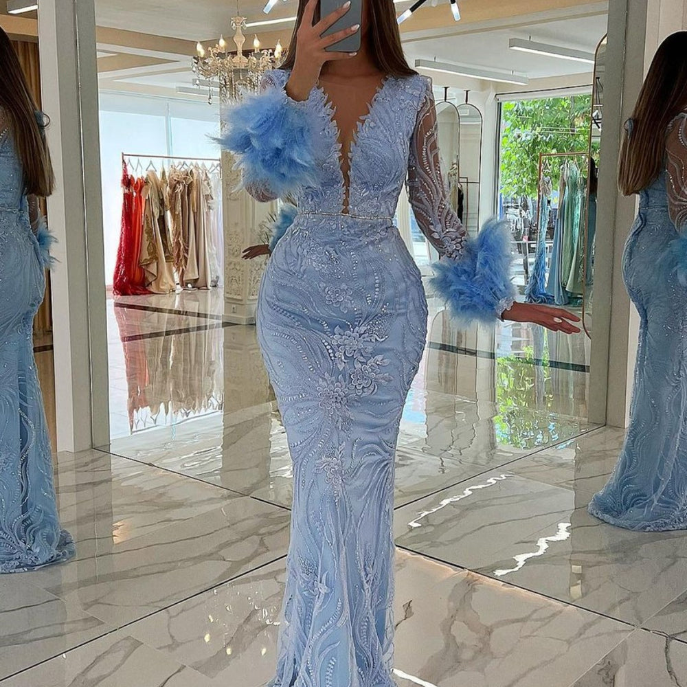 Baby Blue Prom Dress V-Neck Sequins with Feather Appliques