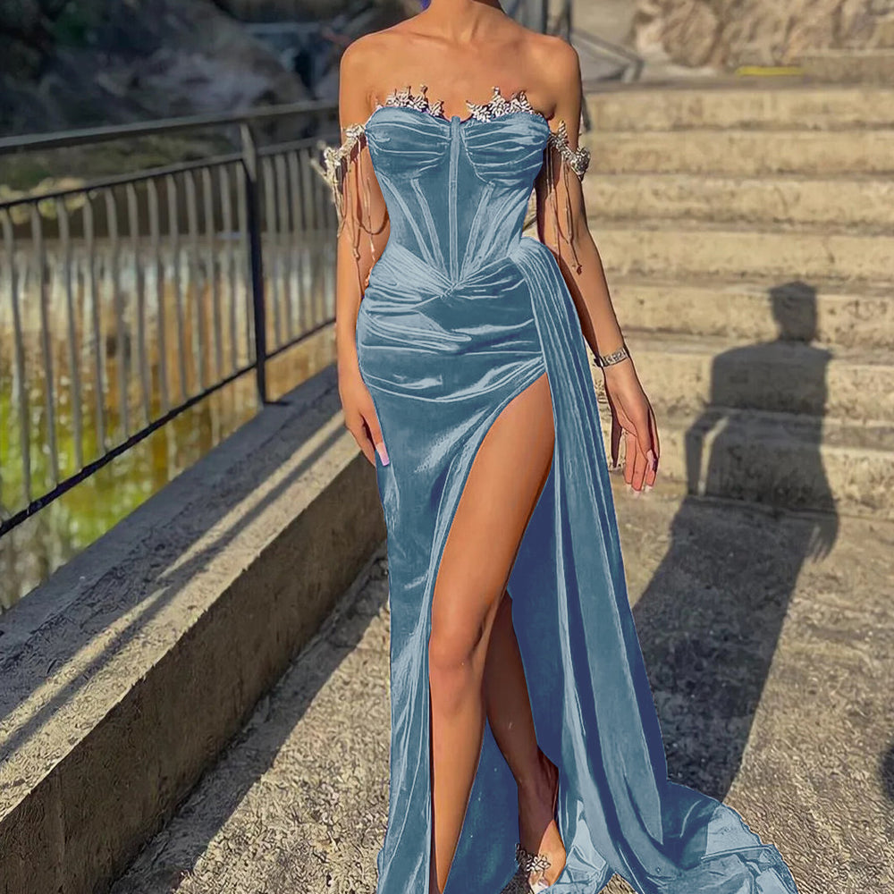 
                      
                        Velvet Off-the-Shoulder Beads Split Mermaid Prom Dress with Ruffles
                      
                    