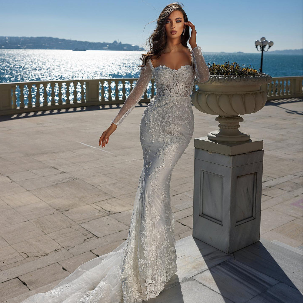 
                      
                        Gorgeous Sweetheart Long Sleeve Lace Mermaid Wedding Dress with Detachable Train
                      
                    