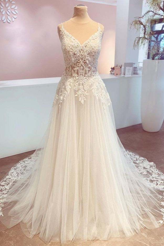 V-Neck A-Line Lace Wedding Dress