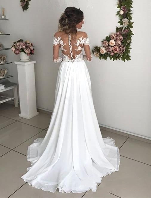 
                      
                        Long A-Line Long Sleeve Wedding Dress with Chiffon Lace and Slit
                      
                    