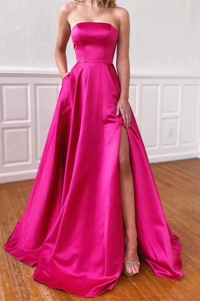 
                      
                        Fuchsia Strapless Prom Dress with Pockets Side Split
                      
                    