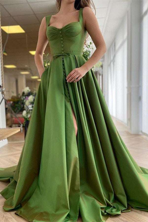 Straps Sleeveless Prom Dress with Buttons and Slit