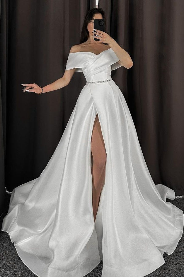 Sexy Off-the-Shoulder White A-Line Wedding Dress Satin With High Slit