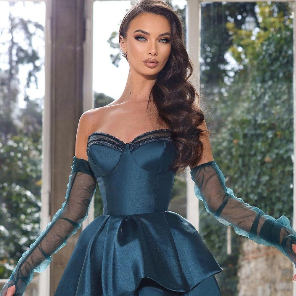 
                      
                        Glamorous Ink Blue Half Sleeves Prom Dress with Strapless High Slit Gown
                      
                    