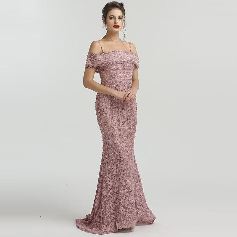 
                      
                        Dusty Rose Off-the-Shoulder Prom Dress with Mermaid Beading
                      
                    