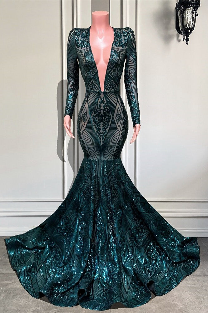 Emerald V-Neck Long Sleeves Sequins Lace Mermaid Prom Dress