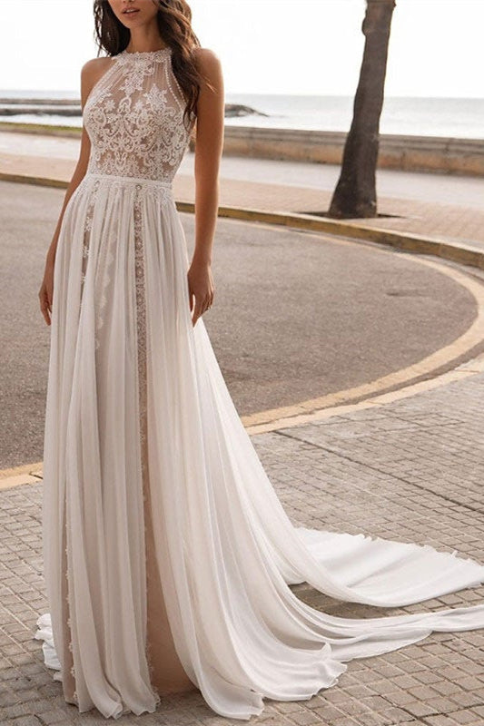 Halter Neck Sleeveless Lace Wedding Dress