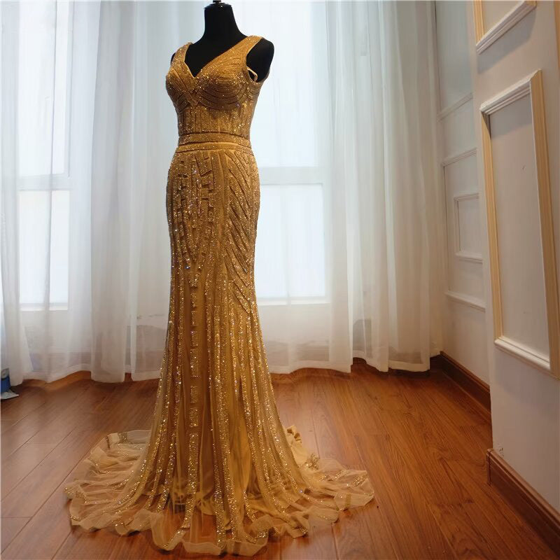 
                      
                        Gold Sequin Mermaid Prom Dress, V-Neck, Long Sleeveless
                      
                    