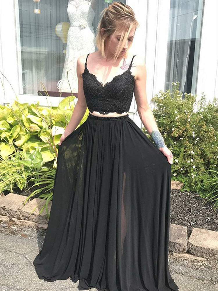 2 Piece V Neck tti Straps Black Lace Long Prom Dresses, Black 2 Pieces Graduation Dresses, Black Formal Evening Dresses