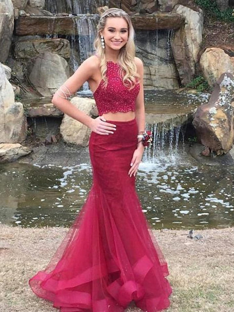 2 Pieces Mermaid Lace Burgundy Long Prom Dresses, Burgundy 2 Pieces Lace Formal Evening Dresses, Mermaid Burgundy Graduation Dresses