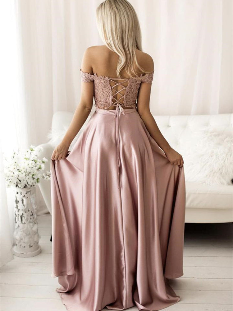 
                      
                        2 Pieces Off Shoulder Pink Lace Long Prom Dresses, Two Pieces Pink Lace Formal Dresses, Pink Lace Evening Dresses
                      
                    