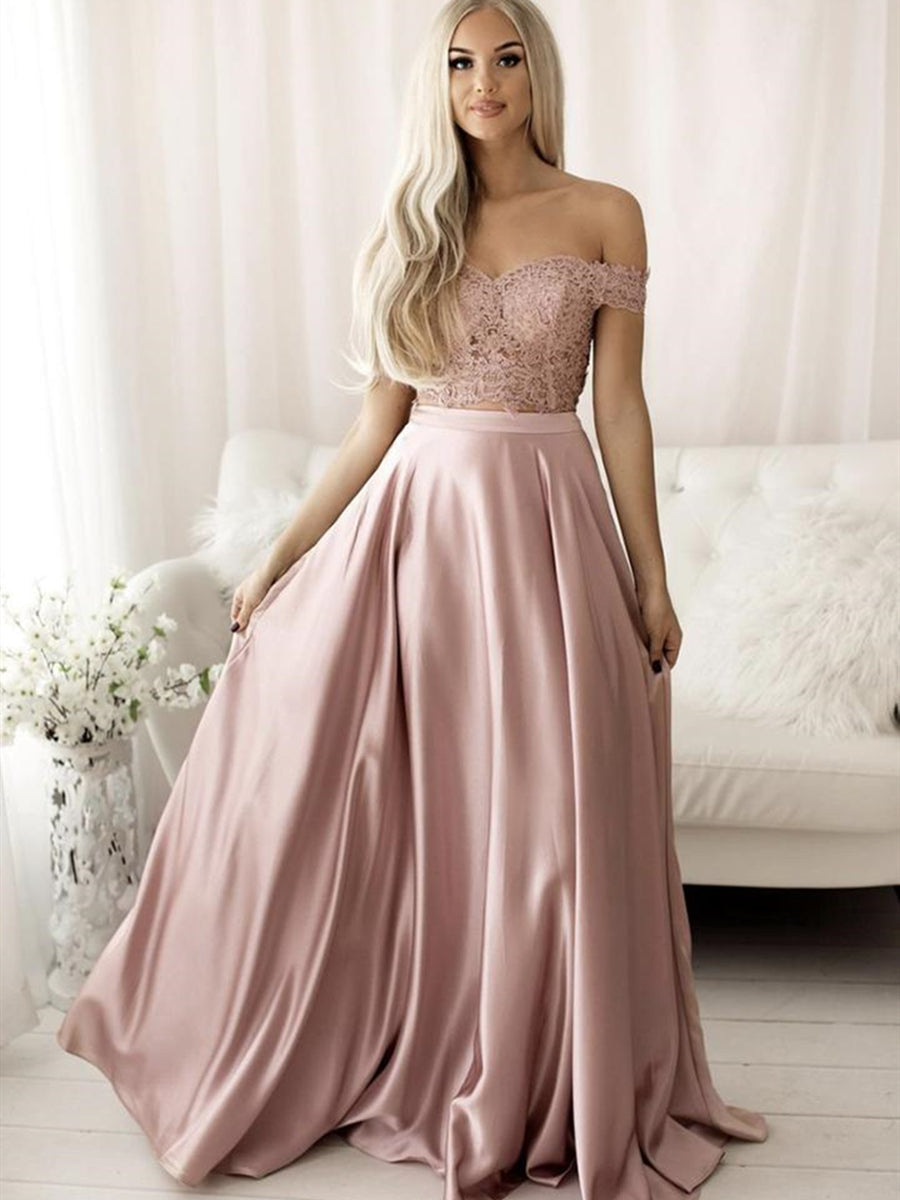 2 Pieces Off Shoulder Pink Lace Long Prom Dresses, Two Pieces Pink Lace Formal Dresses, Pink Lace Evening Dresses