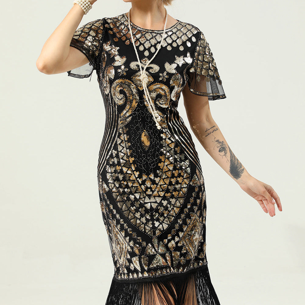 
                      
                        Black and Gold Sequin Dress with Batwing Sleeves
                      
                    