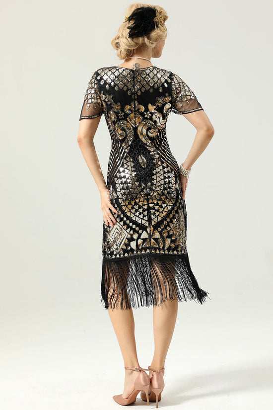 Black and Gold Sequin Dress with Batwing Sleeves