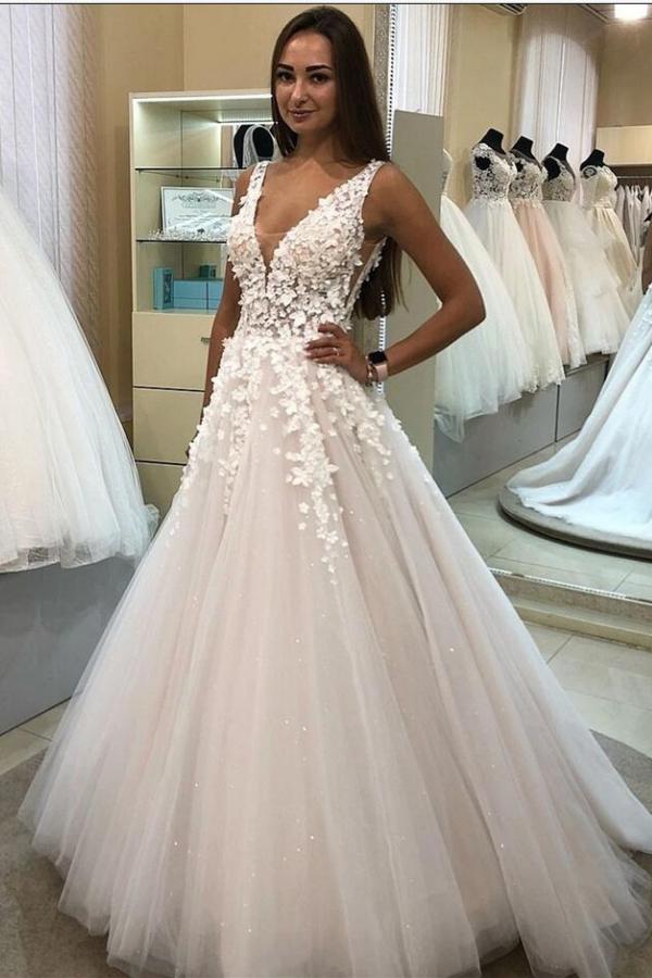 Long A-Line 3D Floral Wedding Dress with V-Neck and Tulle