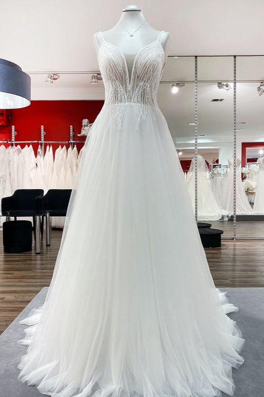 V-Neck Sleeveless Long A-Line Wedding Dress with Sequins, Ruffles, and Open Back Tulle