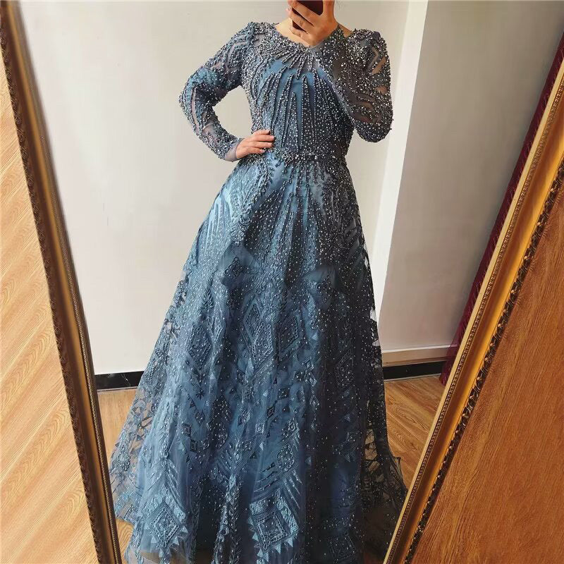 
                      
                        Elegant Ink Blue Long Sleeve Prom Dress, Sequin Applique A-Line
                      
                    