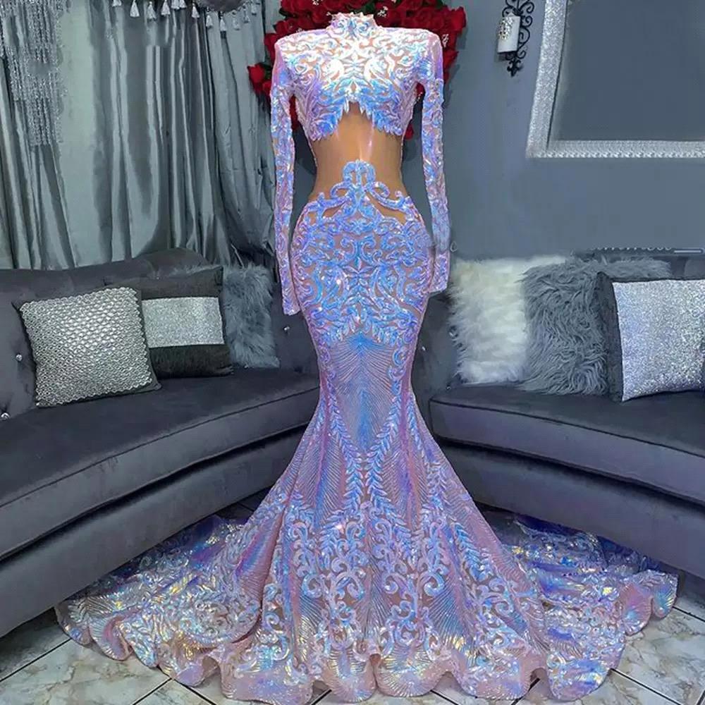 
                      
                        High Neck Long Sleeve Sequined Lace Mermaid Prom Dress
                      
                    