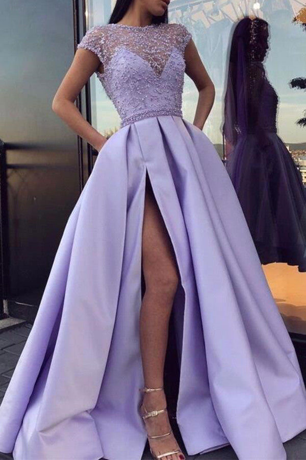 Short Sleeves Lavender Prom Dress with Split and Beadings